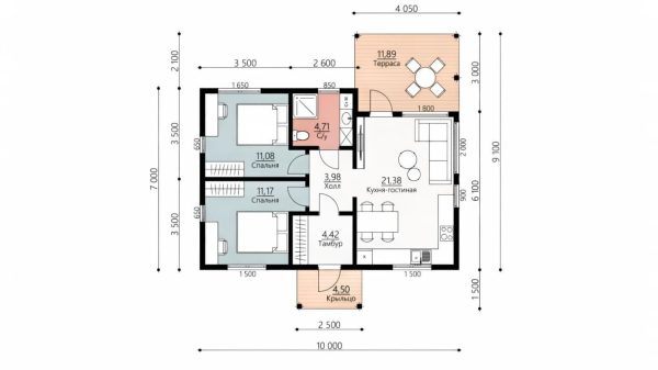 Планировка каркасного дома 70 м2 10 на 7