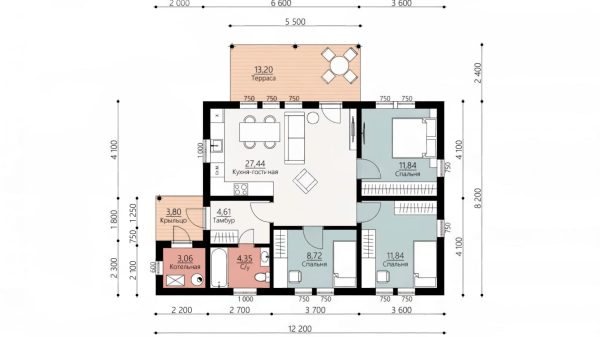 Планировка каркасного дома 90 м2 размер 12 на 8 метров 2 входа терраса